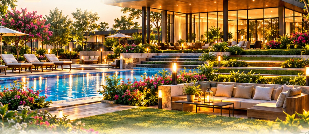 Illustrative clubhouse and poolside landscape